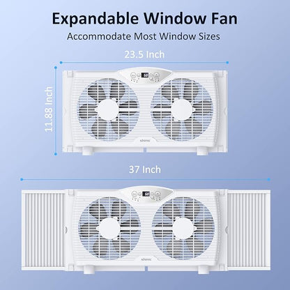 shinic Twin Window Fan with Reversible Airflow, Thermostat Controlled, 3 Speeds & 3 Functions(Exhaust, Intake & Circulate), 23.8" - 37" Expandable Width for Home Kitchen Use