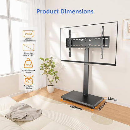 Afaloona Rolling TV Stand, Portable Mobile TV Stand for 32-75 Inch TVs up to 110 lbs, 18 Adjustable Heights, Max VESA 600x400mm, Rolling TV Cart on Wheels with Mount for Bedroom, Office, Outdoor