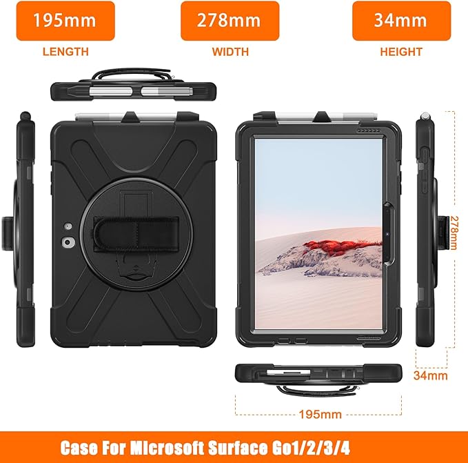 ZenRich Rugged Case for Surface Go 4 (2023)/Surface Go 3 (2021)/ Surface Go 2 (2020), Surface Go (2018) with Pen Holder Heavy Duty Shockproof Case with Stand Hand Strap and Shoulder Belt-Black