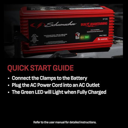 Schumacher Electric 2A Car Battery Charger and Maintainer, 3-in-1 Solution, for 6V/12V Power Sport, Automotive, and Marine Batteries, SP1296