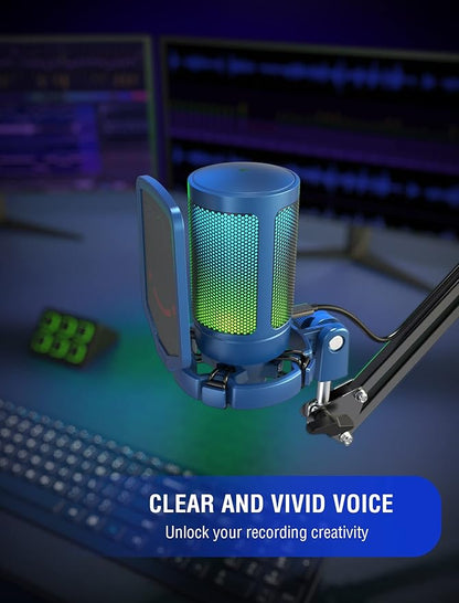 FIFINE Gaming Streaming USB PC Microphone for Mac OS/Windows, AmpliGame Condenser Cardioid Mic with RGB for Video Vocal Recording Twitch Discord, Gamer Computer Mic-Blue