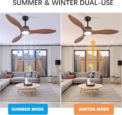revoici 52 Inch Brown Wood Ceiling Fan with Light and Remote, 6 Speed and Reversible DC Motor, 3 Blade Low Profile Flush Mount Mordern Wood Ceiling Fans for Living Room Bedroom Outdoor Patio