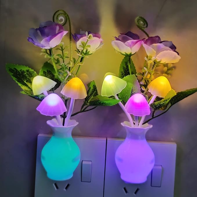 AUSAYE Color-Changing LED Night Light, 1Pack Plug in Dusk-to-Dawn,Home Décor Lamp Dream Nightlight Purple Rose Flower Mushroom Night Light for Kids Adults Bedroom,Bathroom,Stairs, Kitchen,Hallway