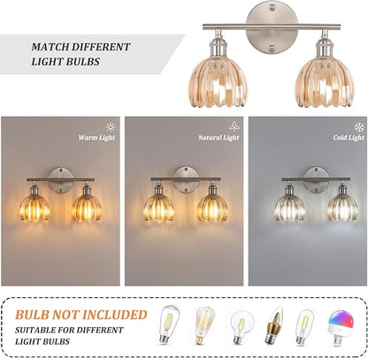 Shenmoyl Bathroom Light Fixtures, 2-Light Vanity Wall Light Over Mirror with Amber Tulip Glass Shade for Bedroom Living Room (Bulb Not Included), Satin Nickel