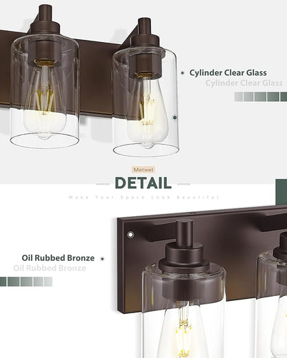 METWET 3-Light Bathroom Light Fixtures, Modern Vanity Light with Cylinder Clear Glass Shade, Vanity Lighting Fixtures Over Mirror, Oil Rubbed Bronze, VL143-ORB-3