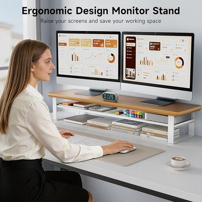 NestNeat Dual Monitor Stand, 35.4 Inch Monitor Stand Riser for 2 Monitors, 2 Tiers Wood Desk Shelf with Storage, Desktop Organizer Stand for Computer, Laptop, Printer, TV (Cherry Wood, 35.4in)