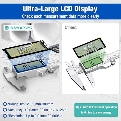 Raynesys Digital Caliper 6 Inch with Large LCD Screen, Inch/MM/Fraction Conversion, 150mm Micrometer Caliper All Stainless Steel Diameter Measuring Tool for Jewelers/Woodworkers/DIY
