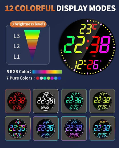 GLOKUUCA 12" Large Digital Wall Mount Clock, Count Down Timer, Alarm, Big LED, 12 RGB Color, Temperature for Living Room Classroom Desk, Xmas, Birthday Gift for Senior Mom Dad (Round)