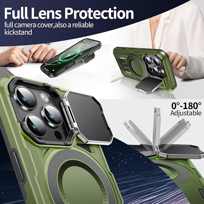 Camera Stand Case for iPhone 16 Pro, [Compatible with Mag Safe] [Lens Cover] 2024 Version Military Grade Protective Soft Case for iPhone 16 Pro 6.3 inch Men Women, Green