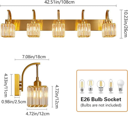 FDPBY 5-Light Crystal Vanity Light, Modern Gold Bathroom Wall Sconce with K9 Crystal Shades, 42.51" Long Over Mirror Lighting for Vanity, Makeup, Hallway, Elegant & Easy Installation