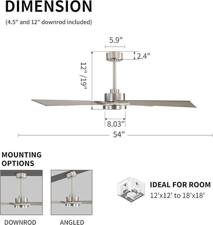 WINGBO 54 Inch Ceiling Fan with Light and Remote, 4 Plywood Blades, 6-Speed Reversible DC Motor, Dimmable, 3CCT, Farmhouse Ceiling Fan for Bedroom Living Room Kitchen, Brushed Nickel and Gray
