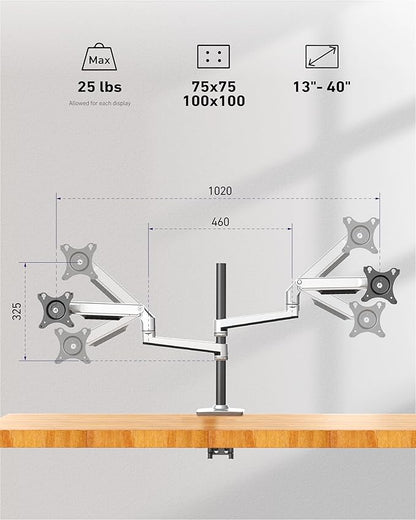 Ergounion Quad Monitor Mount, Holds Screens up to 40 Inches and 25 lbs, Fully Adjustable 4 Monitor Mount with C-Clamp and Grommet Base, Aluminum, Silver