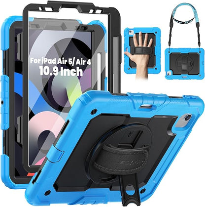 SEYMAC for iPad Air 5th/ 4th Generation Case 10.9", Full-Body Shockproof Protective Case with Screen Protector, Rotating Stand/Handle/Shoulder Strap/Pencil Holder for iPad Air 5/ Air 4, Sky Blue