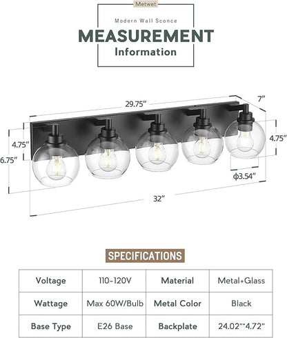 METWET Bathroom Light Fixtures, 5 Light Matte Black Vanity Light, 32 Inch Modern Wall Sconces with Globe Clear Glass Shade, Vanity Lighting Fixtures Over Mirror, VL195-MB-CL-5