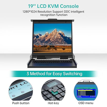 MT-VIKI Rack KVM Switch w/ 19'' LCD Monitor, Rackmount KVM Monitor Console Drawer+Keyboard+Touchpad+8 VGA Cable, Support OSD/Hotkey/Button Switch, 1280X1024@60H