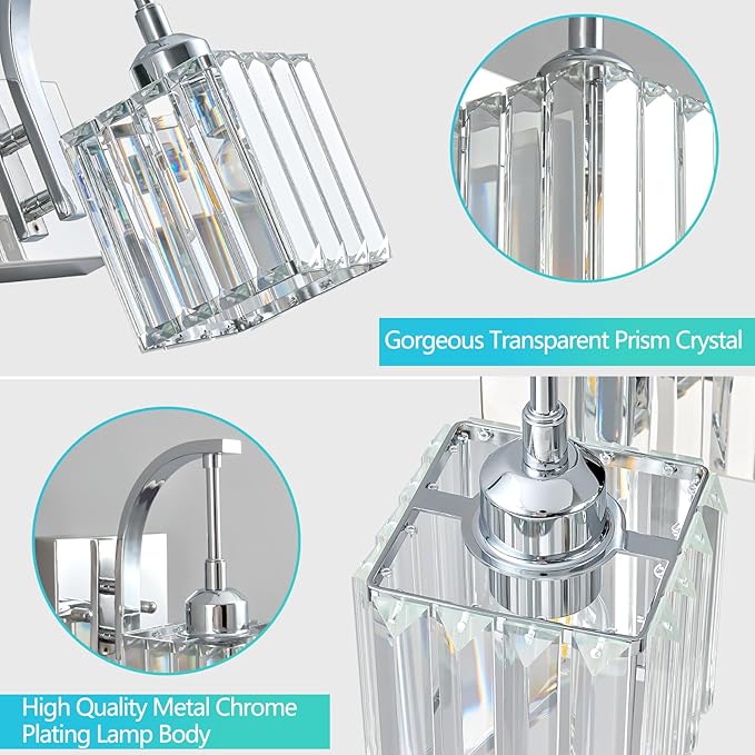 FDPBY Crystal Vanity Lights 3-Light Chrome Bathroom Vanity Lights Modern Crystal Bathroom Light Fixtures Over Mirror 23.62" Long Vanity Light for Bathroom