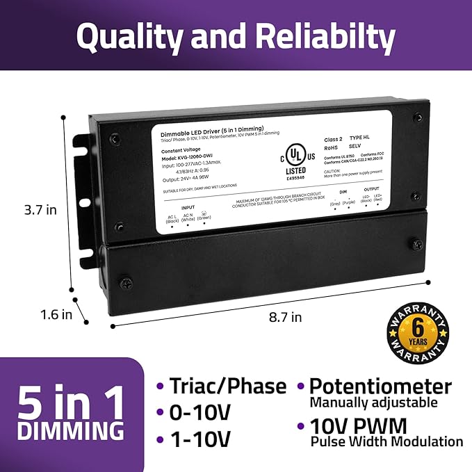 HitLights 24V 96W Dimmable LED Driver – Smooth Flicker Free Dimming – TRIAC, 0-10V, Phase Cut, & 10V PWM – Compatible with Lutron and Leviton Dimmer Switches, UL Listed, Class 2, 100-277V AC – 4A DC