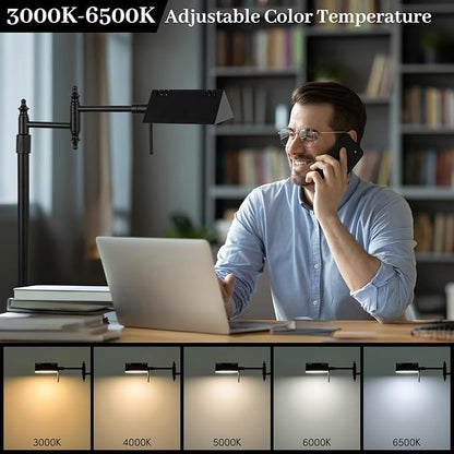 Bairth Dimmable Pharmacy Floor Lamp with Remote, 17W LED Reading Floor Lamp with 360°Swing Arm, 3 Color Temperature, Height Adjustable Black Standing Task Lamp for Living Room, Bedroom, Black