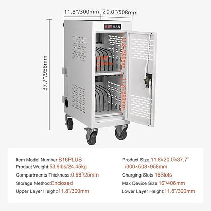 Aokleo Laptop Charging Cart,16 Devices Tablet Storage Carts for pad Up to 16.3" Screen Size, Classroom Computer Mobile Charging Station for Pads, Chromebooks,Laptops, Security Storage(16 Bay-White)