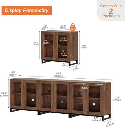 WAMPAT Modern TV Stand with Glass Doors for 110 inch TVs, Farmhouse Entertainment Center TV Console with Adjustable Shelves for Living Room, Bedroom, Brown
