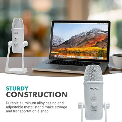 Movo UM700W White Desktop USB Microphone for Computer - Studio Mic with 4 Pickup Patterns - USB Gaming Microphone for PC, Mac, and Android - Best Mic for Podcast Recording and Streaming Setup