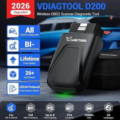 VDIAGTOOL D200 OBD2 Scanner Bluetooth, 2026 Bidirectional Scan Tool with Free Updates, 26 Resets (Upgradeable to 49+), Full System Car Scanner Diagnostic Tool, Throttle Relearn, FCA AutoAuth & CAN-FD