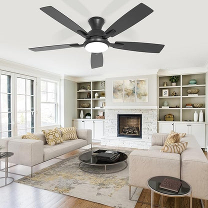 revoici Ceiling Fans with Lights, 52 Inch Black and Brown Wood Ceiling Fan, 6 Speed and Reversible DC Motor, Modern 5 Blade Low Profile Flush Mount Ceiling Fan for Living Room, Outdoor Patio