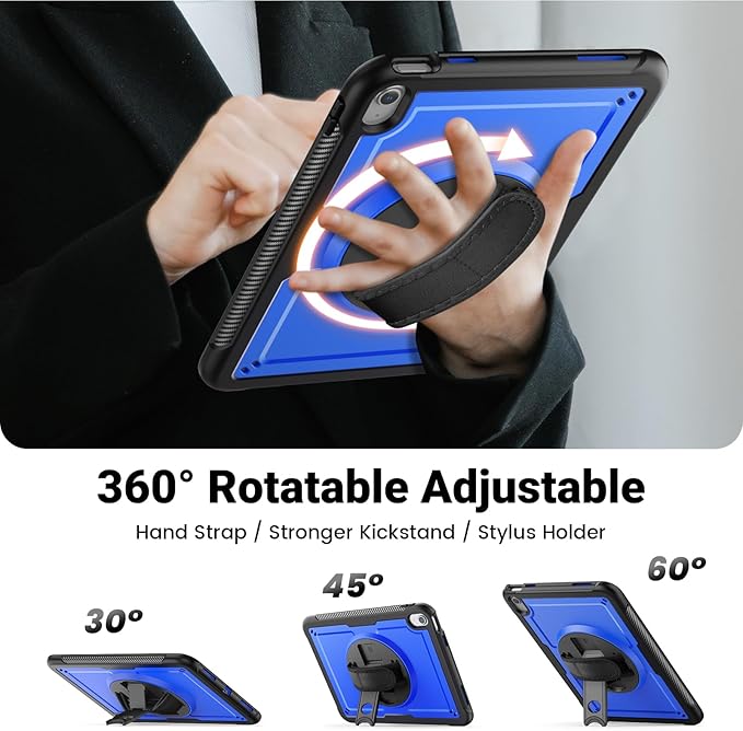 SCSVPN Case for iPad (A16) 11th Generation 11 Inch 2025 / 10th Generation 10.9 Inch 2022, Shockproof Protective Case with Screen Protector, Pencil Holder, Rotating Stand, Hand/Shoulder Strap - Blue
