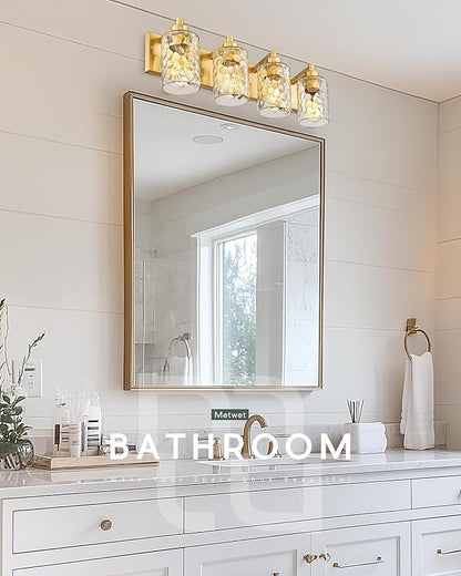 METWET 4-Light Bathroom Light Fixtures, 24.5 Inch Brushed Gold Vanity Lights with Clear Hammered Glass Cylinder Shade, Modern Vanity Lighting Fixture Over Mirror, VL198-BG-4