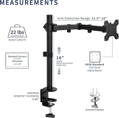 VIVO Single 13 to 38 inch Ultrawide Monitor Arm Desk Mount, Regular Screens up to 32 inches, 22 lbs capacity, Fully Adjustable Stand with C-Clamp and Grommet Base, Black, STAND-V001