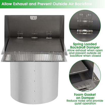 8 Inch Wall Vent,Hooded Wall Vent with Screen and Damper,Outdoor Wall Exhaust Vent Cover Exterior Wall Mount Cap for Kitchen Range Hood HVAC Duct Dryer Air Ventilation,Stainless Steel