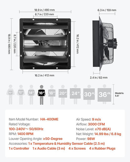 VEVOR 16 inch Shutter Exhaust Fan, Wall Mounted Attic Vent Fan with Smart Programming Variable Speed Temperature Control, 3000 CFM,EC Motor,Timer, for Shed,Garage,Greenhouse Ventilation Cooling,Black