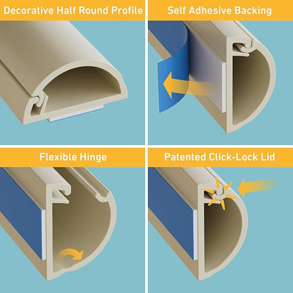 D-Line 31.4in TV Cord Hider, Patented Half Round Cable Cover, Hide Wall Mount TV Wires, Hinged One-Piece Cable Concealer, Adhesive, Decorative Raceway - 2X 0.78in W x 0.39in H x 15.7in L - Beige