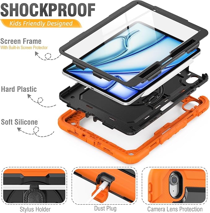 HXCASEAC Case for iPad Air 11 inch (2025 M3 / 2024 M2), Shockproof Design with Pencil Holder/Screen Protector/Rotating Hand Strap, Protective Cover for iPad Air 7th/6th Generation - Orange