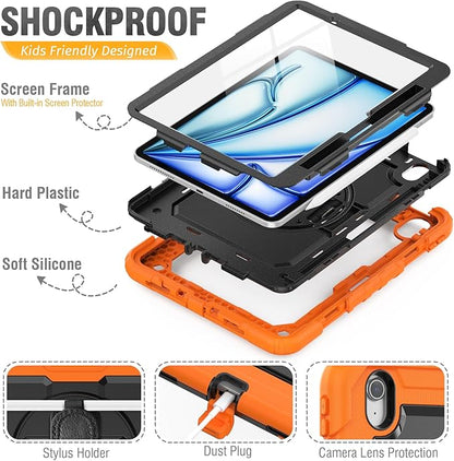 HXCASEAC Case for iPad Air 11 inch (2025 M3 / 2024 M2), Shockproof Design with Pencil Holder/Screen Protector/Rotating Hand Strap, Protective Cover for iPad Air 7th/6th Generation - Orange