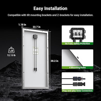 HQST 100W 12V Monocrystalline Solar Panel with Solar Connectors, High Efficiency Module PV Power for Battery Charging Boat, Caravan, RV and Any Other Off Grid Applications