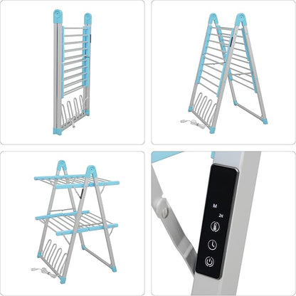 SHARNDY Electric Heated Clothes Drying Rack,Foldable Heated Garment Dryer with Timer Shut-Off Laundry Rack for Clothes Shoes Socks,Aluminum Alloy,Blue,Plug & Play,(39.37x25.98x23.82in)