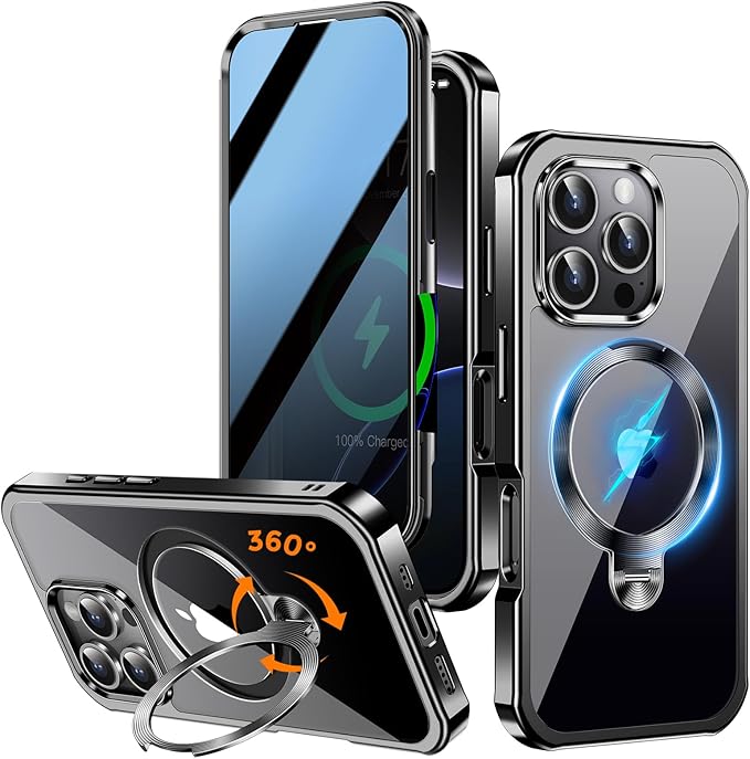 [360° Rotatable CD Stand & Built-in Privacy Screen Magnetic Case for iPhone 16 Pro [Compatible with MagSafe & Full Signal] Mil-Grade Shockproof Full Body Anti-Spy Cover for 16 Pro-Black
