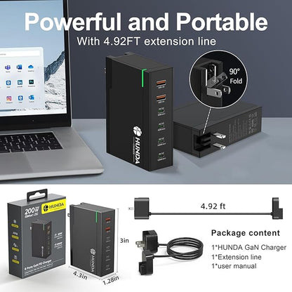 HUNDA 200W USB C Charger GaN Charging Station 6 Ports Fast PD 100W Type C MacBook Charger Desktop Adapter Support PD3.0 /PPS 45W /QC5 for MacBook Pro/Air, iPhone 15/14, Galaxy s24/s23,HP,Dell etc