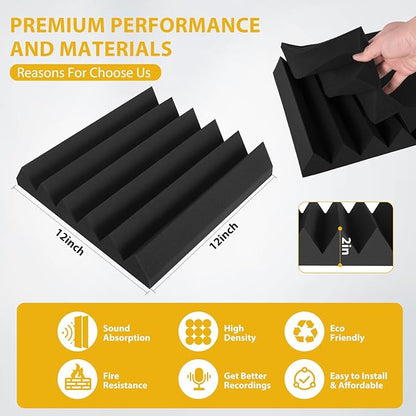 36 Pack Acoustic Foam Panels 2" x 12" x 12" Sound Proof Foam Panles Saiqiang Soundproofing Noise Absorbing Wedge Black Panels for Wall Studio Foams with Double-Side Adhesive