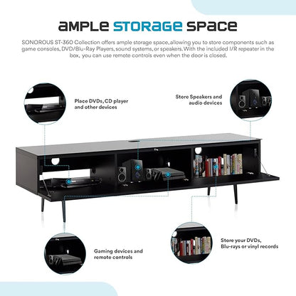 SONOROUS ST-360 Premium TV Stand for Living Room – Modern TV Stands & Entertainment Center with Storage – Black Glass & Black Wood Cover – Luxury Media Console with Metal Legs for TVs up to 75 inches