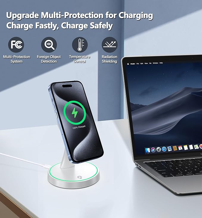 Magnetic Wireless Charger Stand 15W Fast Mag-Safe Charger for iPhone 16/16 Pro/16 Plus/16 Pro Max/15/14/13/12 Series Magnet Wireless Charging Station/Pad with Sleep-Friendly Light for AirPods