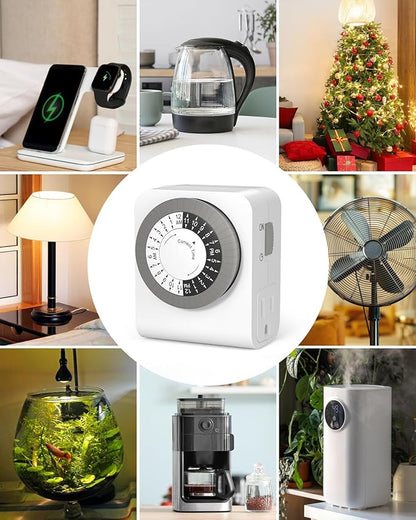BN-LINK Outlet Timer with 2 Grounded Outlets, Mechanical Light Timer for Electrical Outlet Indoor, 24-Hour 3-Prong for Lamp,Indoor Lighting,Fan and Christmas Light (1 Pack-3Prong(Dual Outlet))