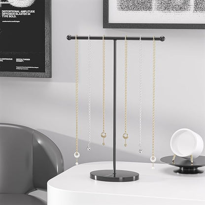 Justsoso Metal T-Bar Necklace Holder Stand, Necklace Hanging Display Stand, Tabletop Jewelry Organizer Stand for Necklace Bracelet Earring Display (Black With Solid Acrylic Base)