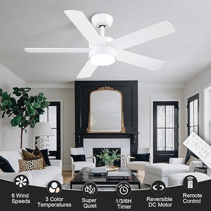 POCHFAN 42 inch White Ceiling Fans with Lights and Remote, LED Dimmable 3 CCT Temperatures 6-Speed, Noiseless Modern Ceiling Fan for Bedroom, Living Room, Dining Room, ETL Listed