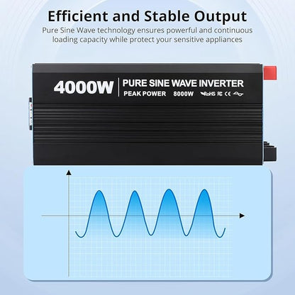 4000W Pure Sine Wave Inverter, 1 USB Port 5v/3.4a,LCD Display&Remote Controller for Home, RV, Truck