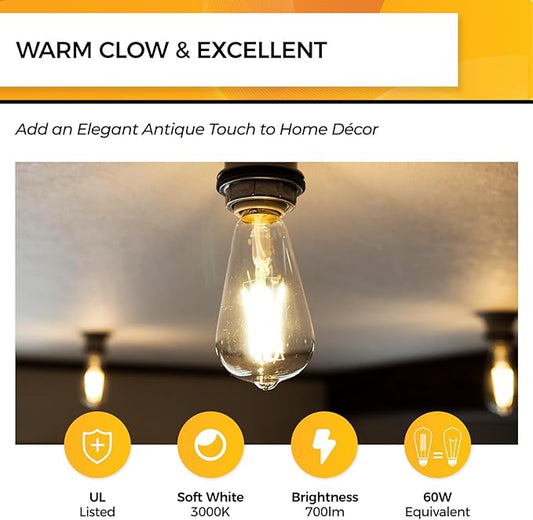 Hizashi LED Edison Bulbs, 6W, Equivalent 60W, Dimmable E26 LED Bulb, 3000K Soft White, 90+ CRI 700 Lumens, ST19 Vintage Light Bulbs, Clear Glass, Pack of 3