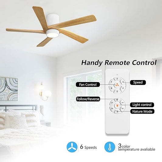 WINGBO 48 Inch Flush Mount DC Ceiling Fan with Lights and Remote, 5 Reversible Carved Wood Blades, 6-Speed Noiseless DC Motor, Hugger Ceiling Fan in White Finish with Oak Blades, ETL Listed