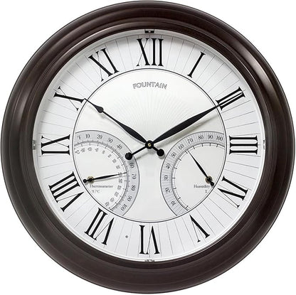 FOUNTAIN DESIGNS 24" Jameson in/Outdoor Lighted Clock, Self-Illuminated, Waterproof, 3 in 1 Weather Station (Thermometer & Hygrometer), Metal Clock, Oil Rubbed Bronze Finish(Night Light)
