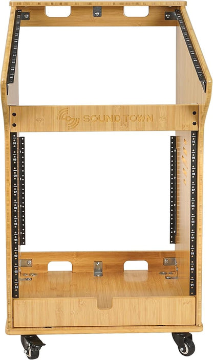 Sound Town DIY Solid Carbonized Bamboo Studio Rack with 11U Slant Mixer Top, 10U Front Rack, 2U Bottom Storage, Casters, Rubber Feet, for Recording Room, PA/DJ Equipment, Home-Audio (STBR-M11X12)